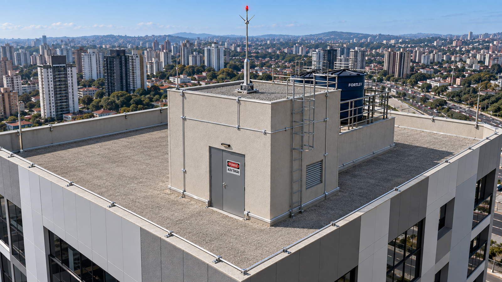Imagem ilustrativa de sistema de proteção contra descargas atmosféricas na cobertura de um edifício